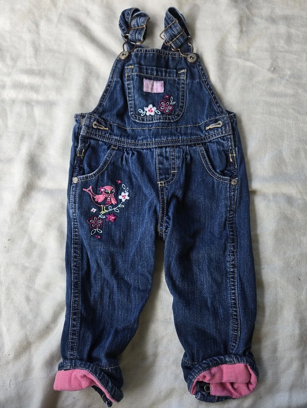 Oshkosh Classic Denim Overalls Embroidered Bird And Flowers
